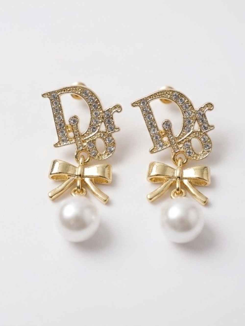 Designer Dior Gold Crystal 'D' Bow Earrings with White Pearl Drop - Picture 2 of 2